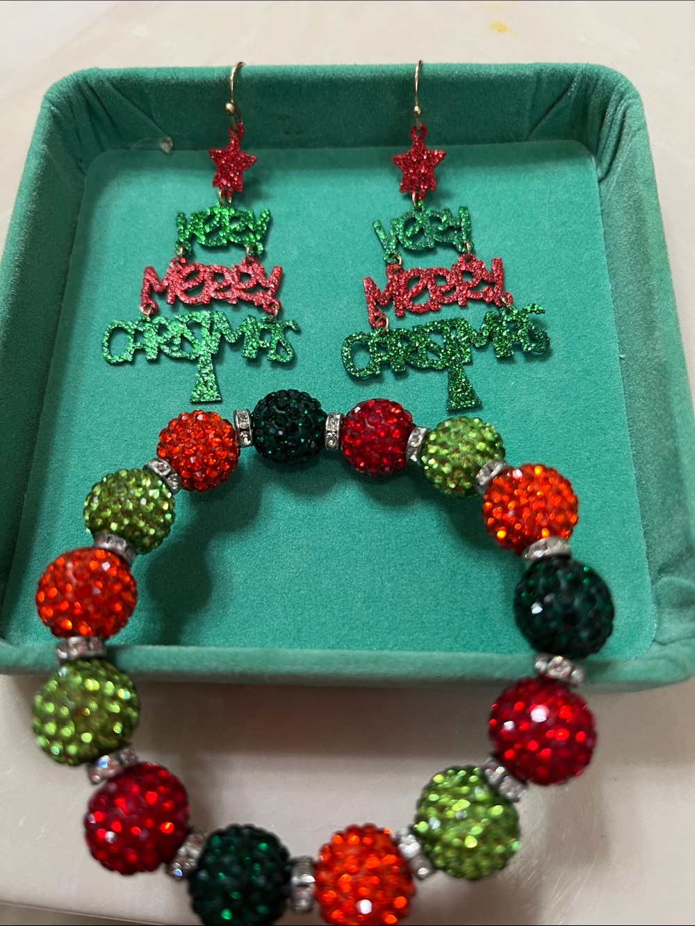 Festive Red, Green & Orange Crystal Bead Bracelet and Earrings Set